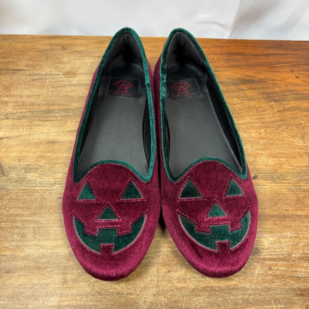 Strange Cvlt Lydia Jack O Lantern Burgundy Velvet Flats Women US 8M